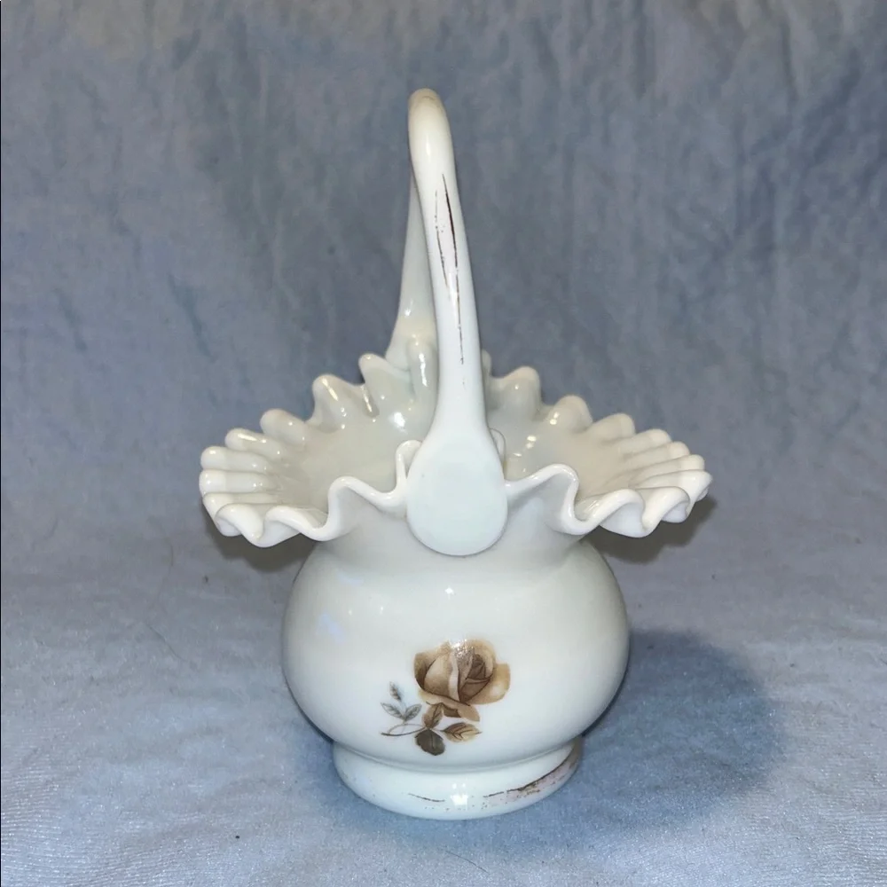 Fenton Hand Painted Rose Ruffle Basket White Glass Faded Gold Trim